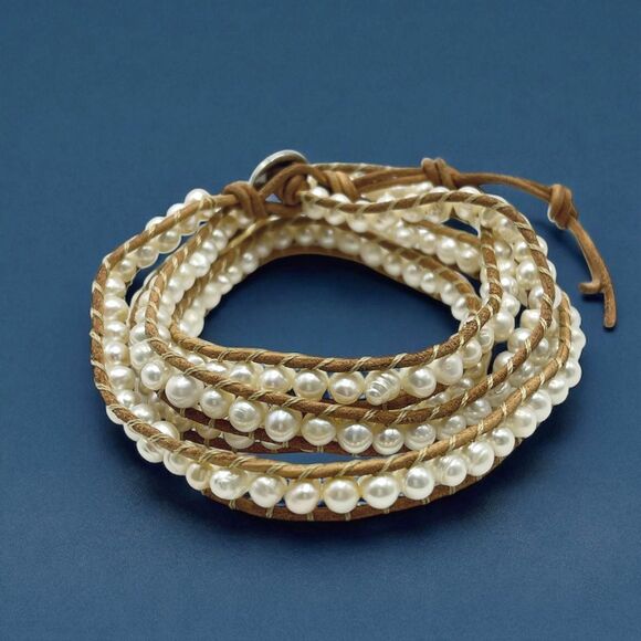 Victoria Emerson Pearl Wrap Bracelet Brown Leather Cord Boho Adjustable 36" - Picture 4 of 7